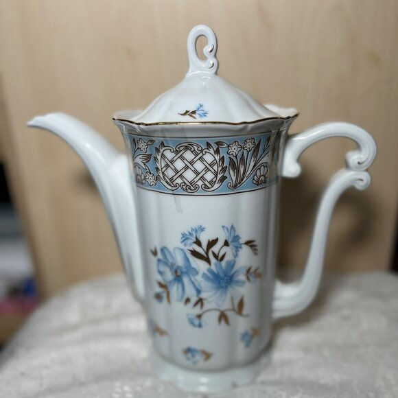 Haas & Czjzek Czech Coffee/Teapot - Embossed Rim, Blue Floral and Gold Leaves - Picture 1 of 8